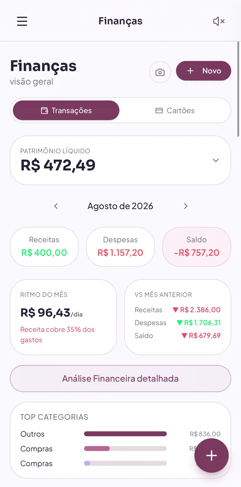 Tela de Finanças da Kiea