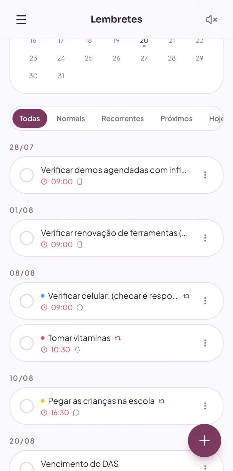 Tela de Lembretes da Kiea